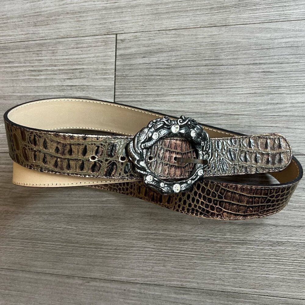Chunky Italian Leather Brown Bedazzled Buckle Boho Belt Donald J Pliner Size XL